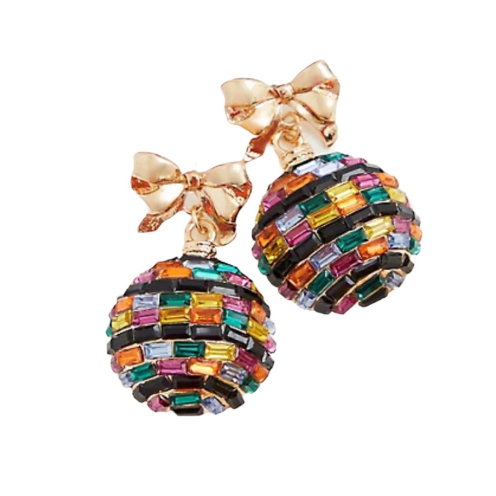 Magical Season Rainbow Disco Ball Gold Tone Christmas Ornament Earrings NWT